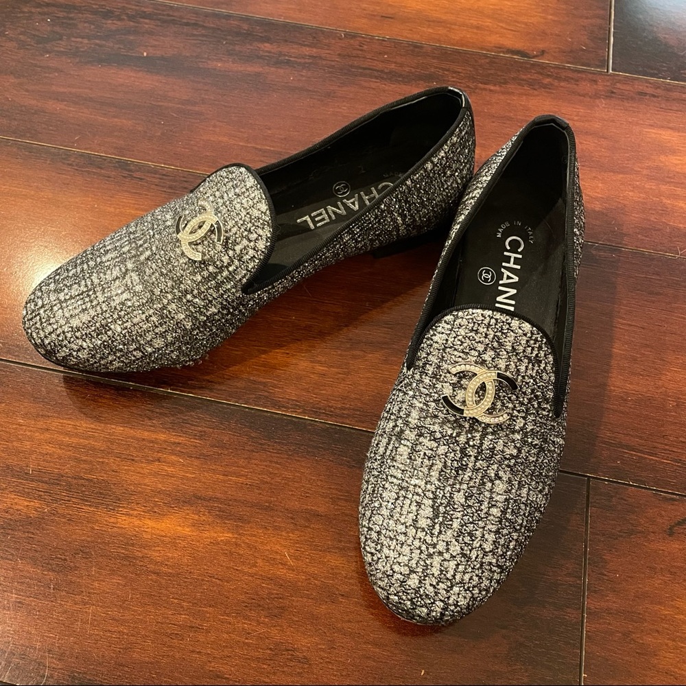 Chanel black/silver tweed CC loafers, AUTH
